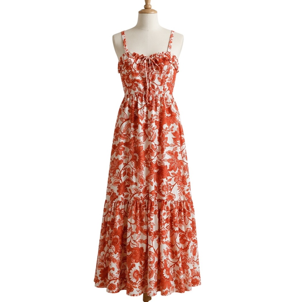 Orange Floral Tiered Maxi Dress Sleeveless Ruffle XS Boho Tropical Vacation